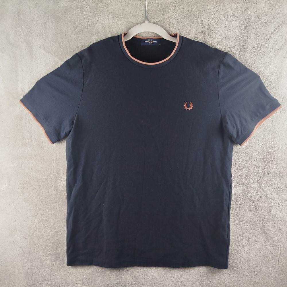 Fred Perry Ringer Crew Neck Pique T-shirt Navy Brown Tipped Mens Large Crepe